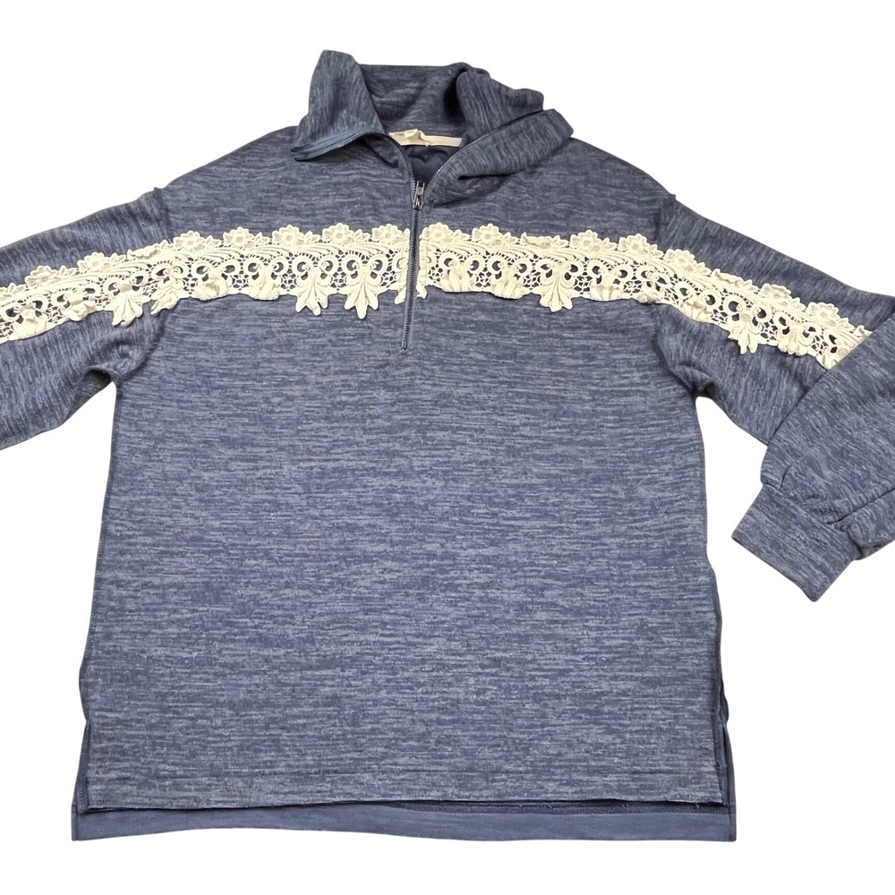 Entro Womens Blue Space Dye Lace Trim Quarter Zip Pullover‎ Top Medium